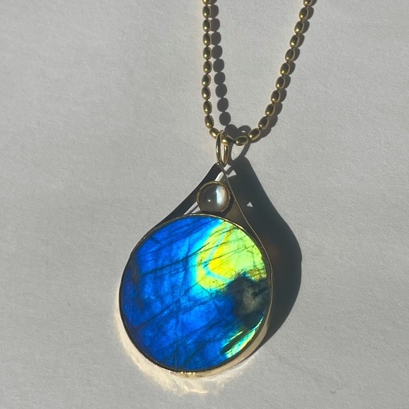 Hand Crafted Jewelry - Stunning Labradorite and Gold Pendant With 24K Bezel set Moonstone One of a kind
